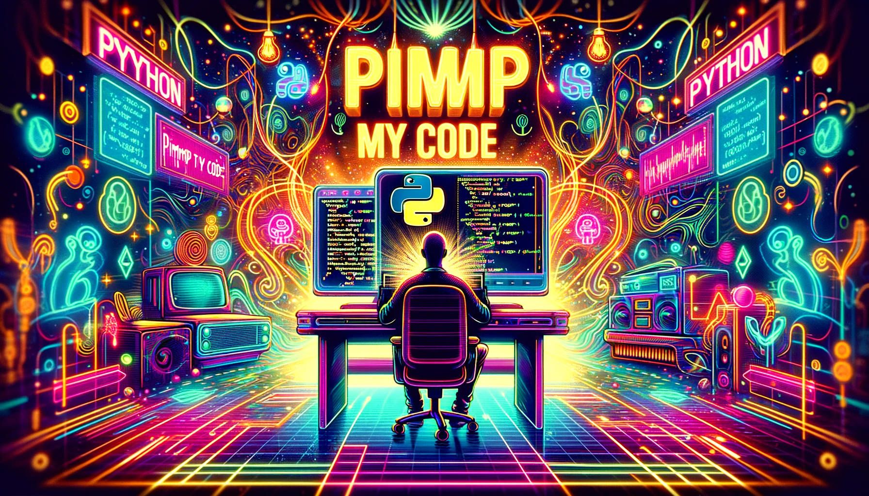Programmer at a vibrant neon-lit desk with Python code on screens, 'Pimp My Code' overhead