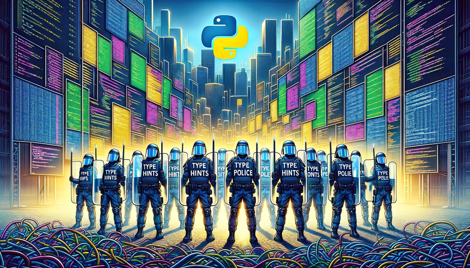 The 'Type Police' in a neon-lit code city, under a Python logo, symbolizing disciplined type hint usage in programming.