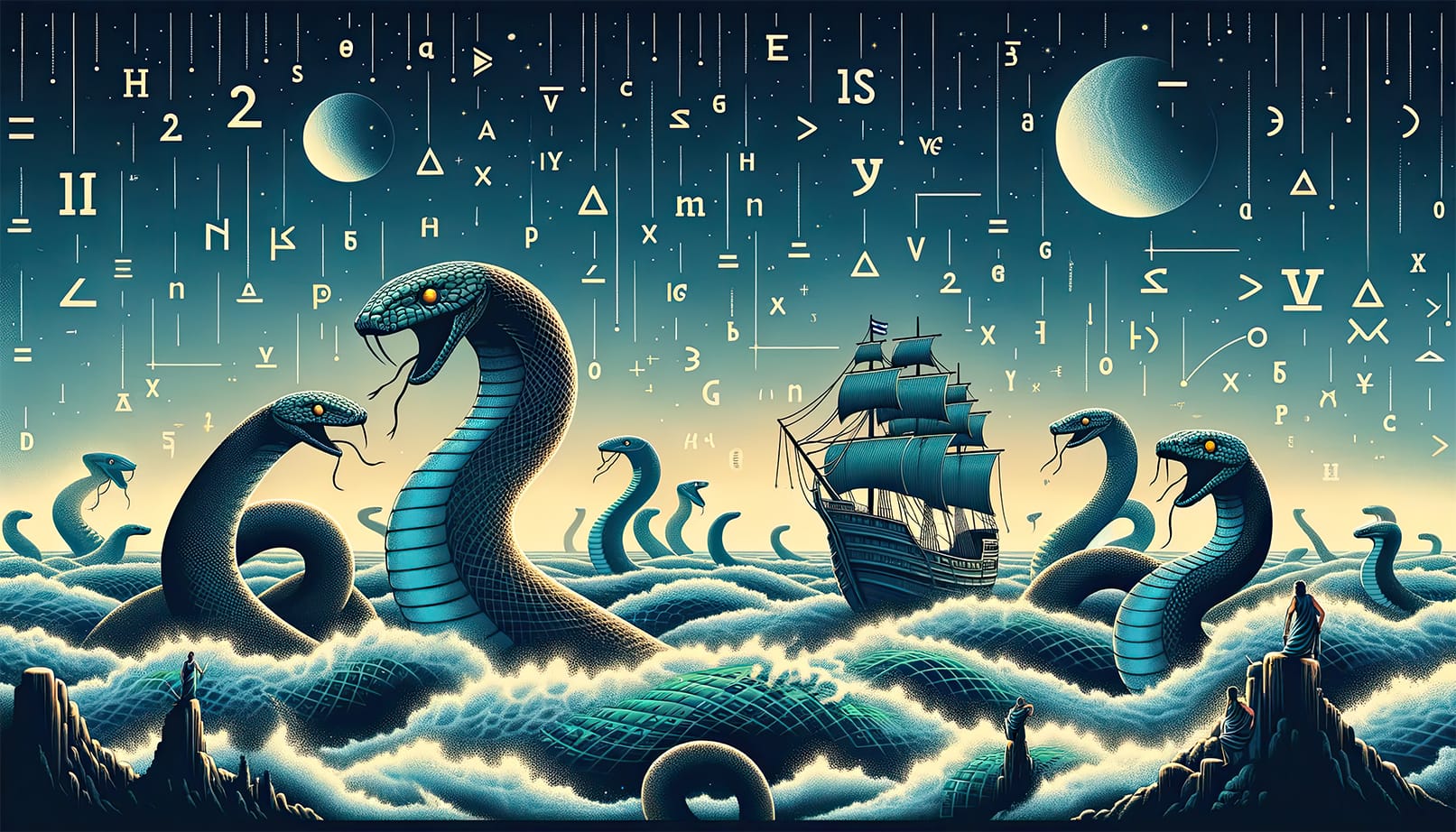 An atmospheric illustration featuring serpentine sea creatures rising from stormy ocean waves amidst mathematical and programming symbols, with an old ship navigating through the chaos, symbolizing the adventure of mastering Python's type variables in the vast sea of coding.