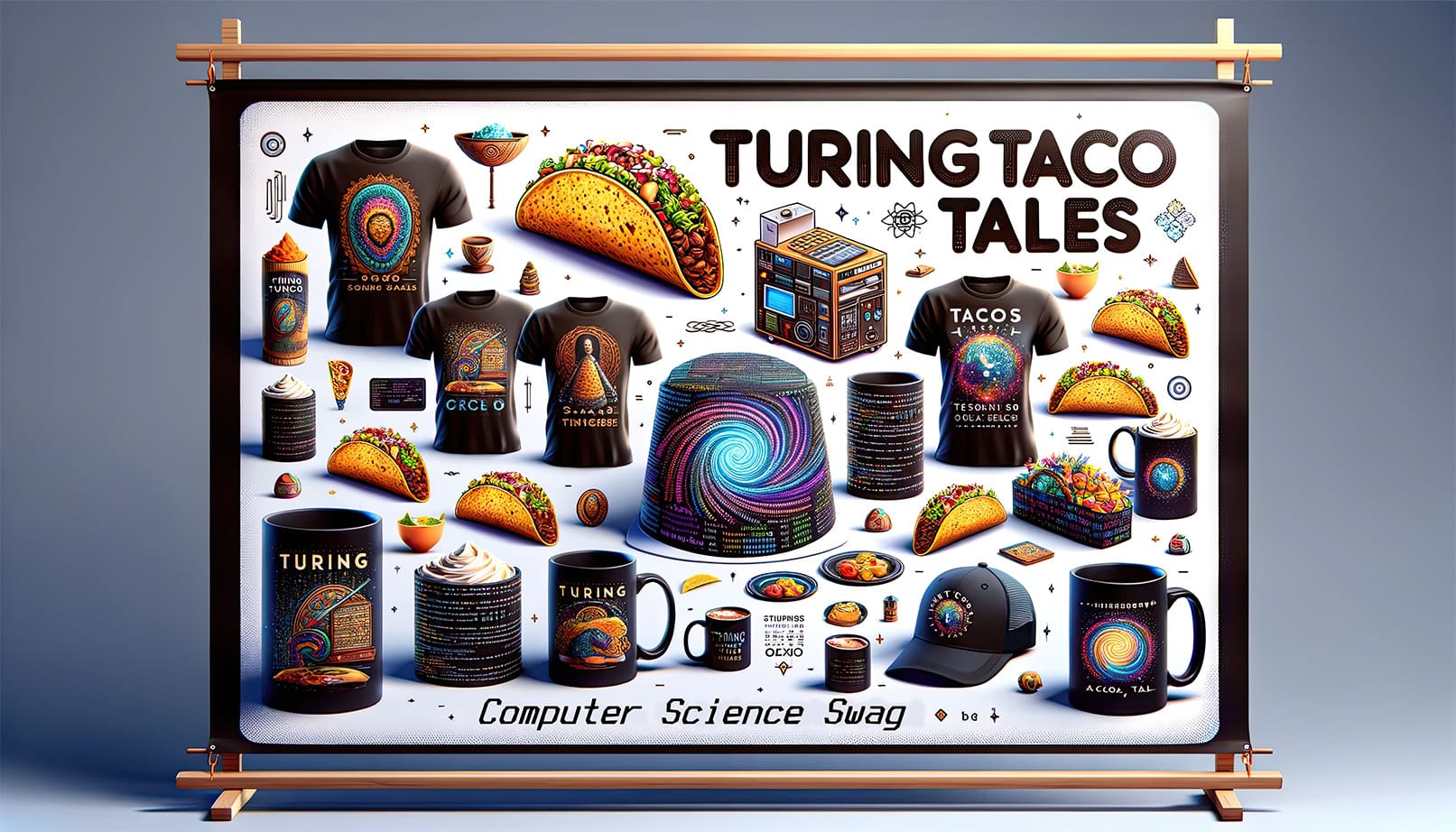 A display of computer science-themed merchandise, including vibrant T-shirts, mugs, and hats with swirling patterns and coding symbols, all under the banner 'Turing Taco Tales