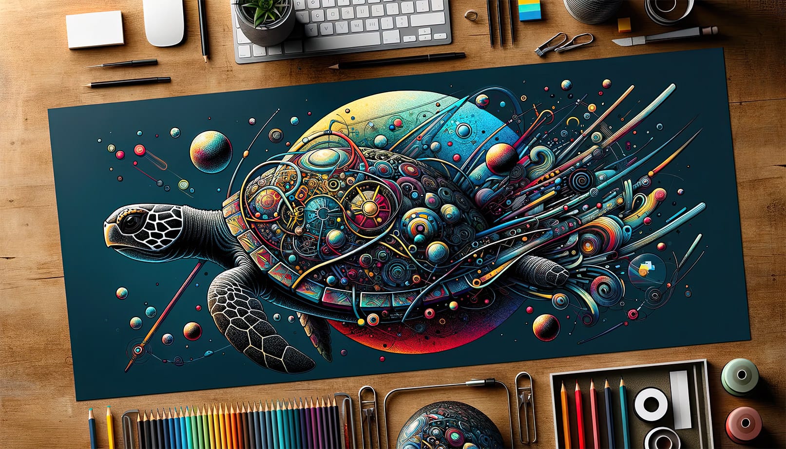 A mechanical turtle with cosmic swirls on an artist's desk, symbolizing the fusion of coding and creativity.