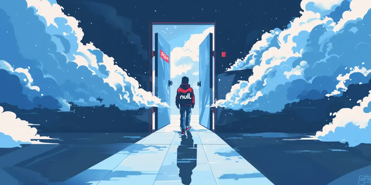 Illustration of a person with 'null' on their back, walking out through a closing door with a Scala tag on it