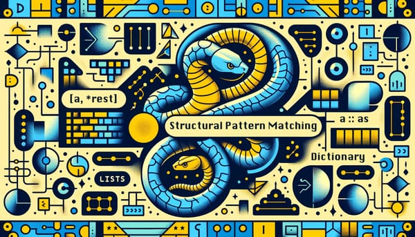 Artistic depiction of snakes amidst coding elements, representing Python's pattern matching for data structures.
