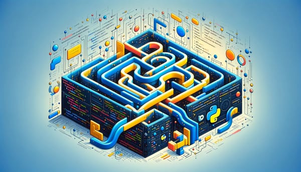 Python code flows through a labyrinth, symbolizing recursive types and the complexity of programming logic.