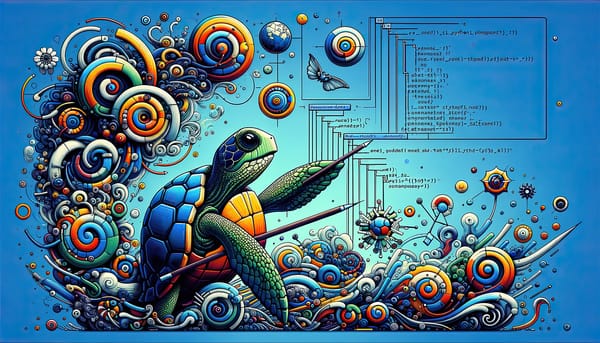 A colorful turtle illustration with swirls and code, depicting tech and nature's harmony.