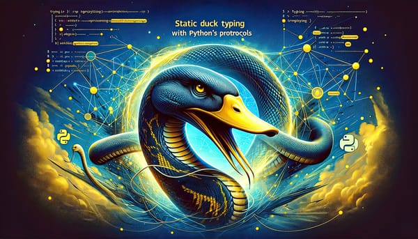 A majestic duck interwoven with Python code, symbolizing Python protocols amidst a network of connections.