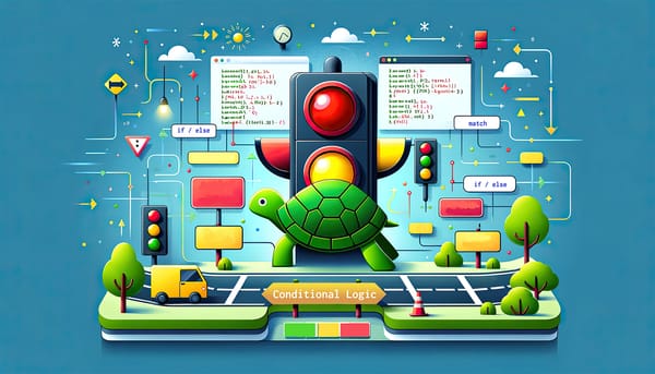 A colorful illustration featuring a Turtle icon and traffic lights set against a backdrop of Python conditional statements.