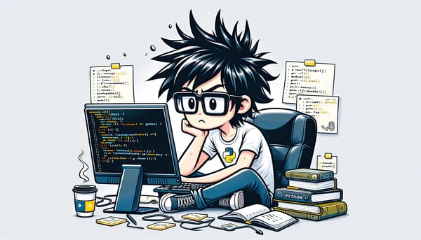 Cartoon of a young programmer with messy hair coding in Python amidst books and coffee.