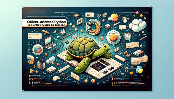 Educational illustration of a turtle with various Python programming elements and class diagrams.
