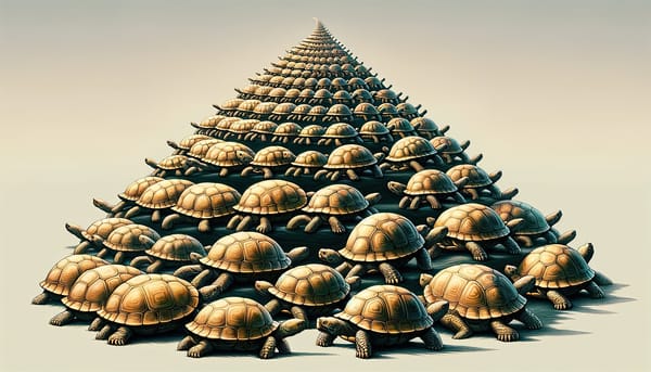urtles stacked in a pyramid shape, representing the concept of recursion in a fractal pattern.