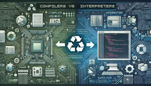 Banner showing compilers transforming source code to binary and interpreters executing code line by line on a screen.