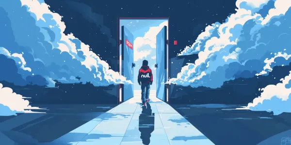Illustration of a person with 'null' on their back, walking out through a  closing door with a Scala tag on it